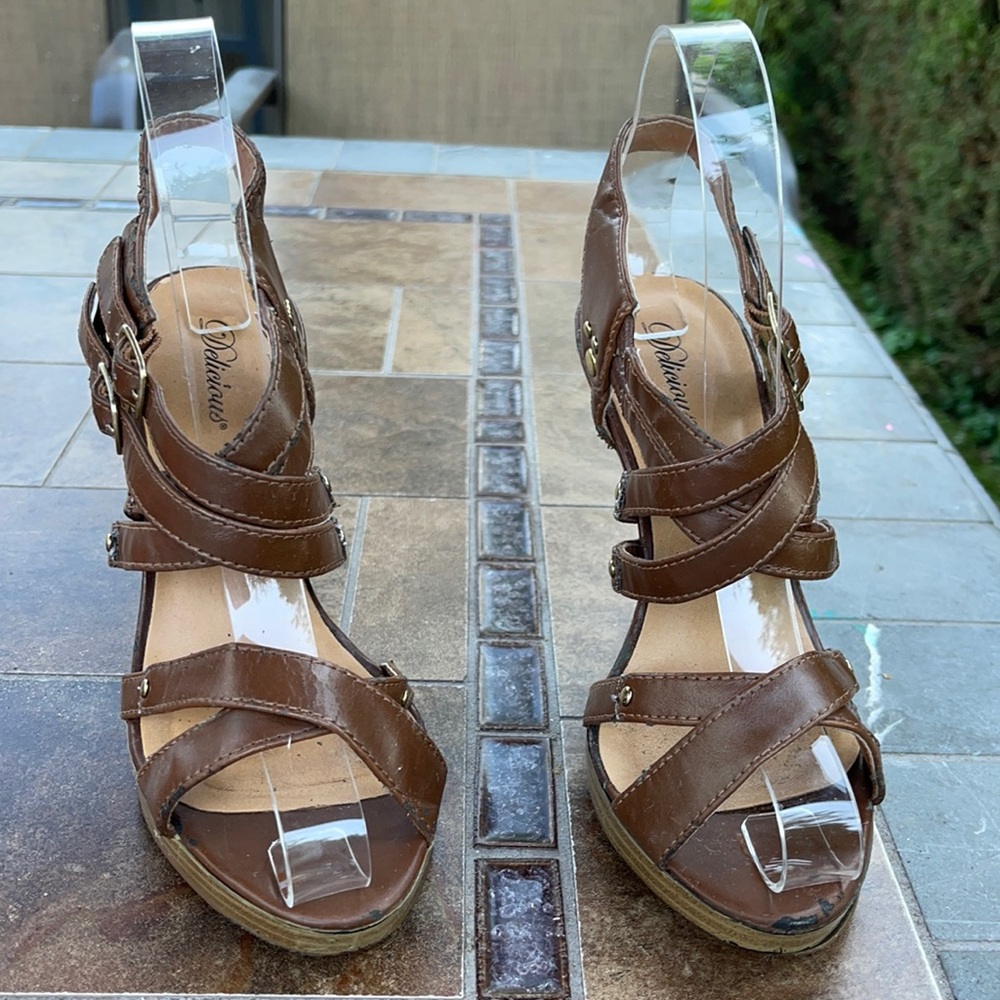 Delicious Open Toe With Multiple Straps & a Double Gold Buckle Leather heels